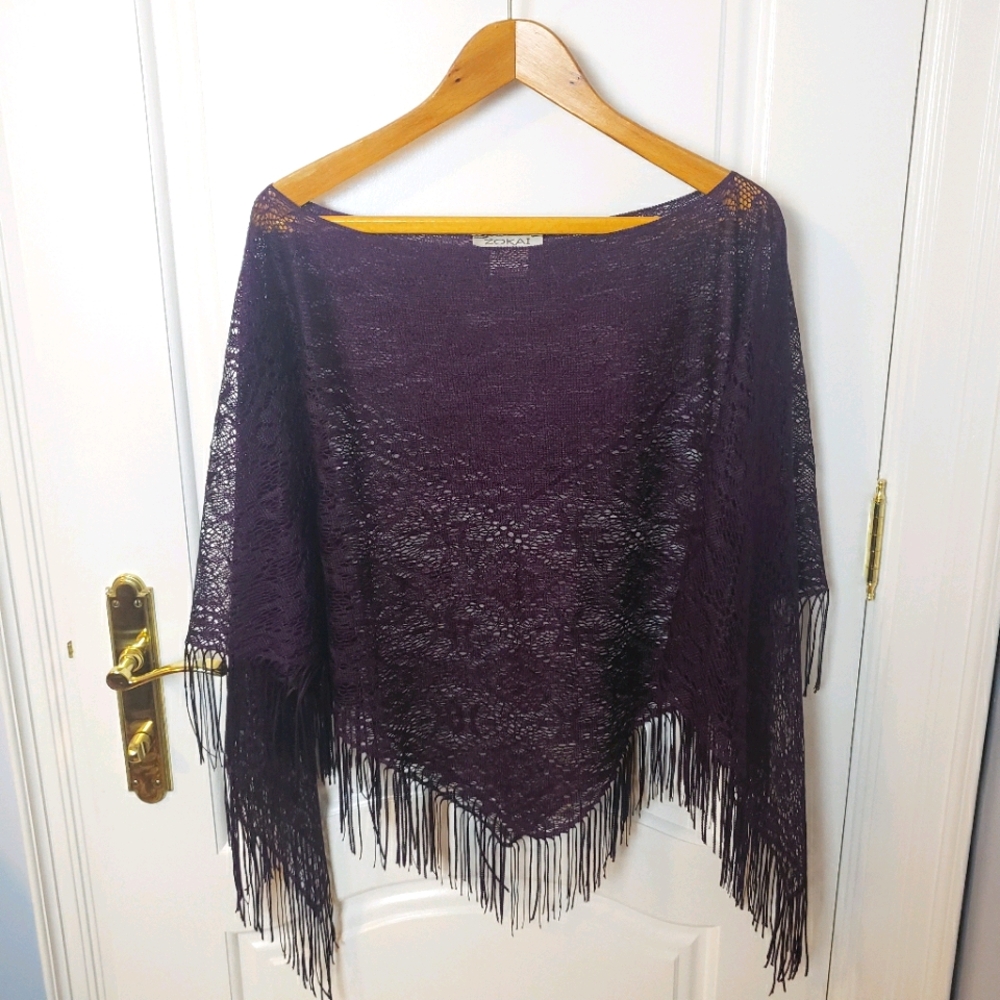 Zokai Lace Woven Purple Poncho Cape Fringe Trim